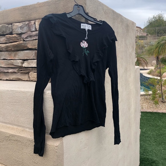 Wild fox women black ruffle T-shirt Size Small - Picture 8 of 16